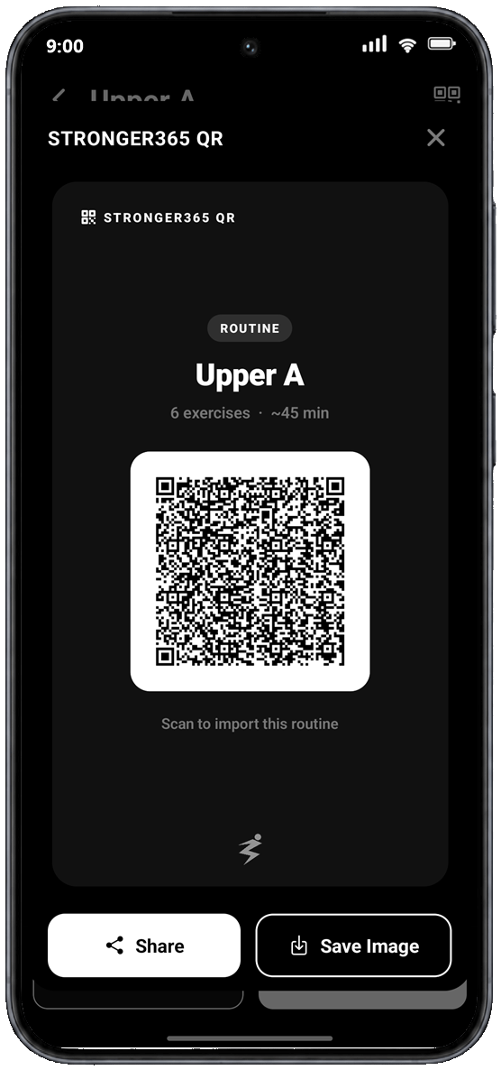 Stronger365 QR sharing screen for exporting and importing workout routines