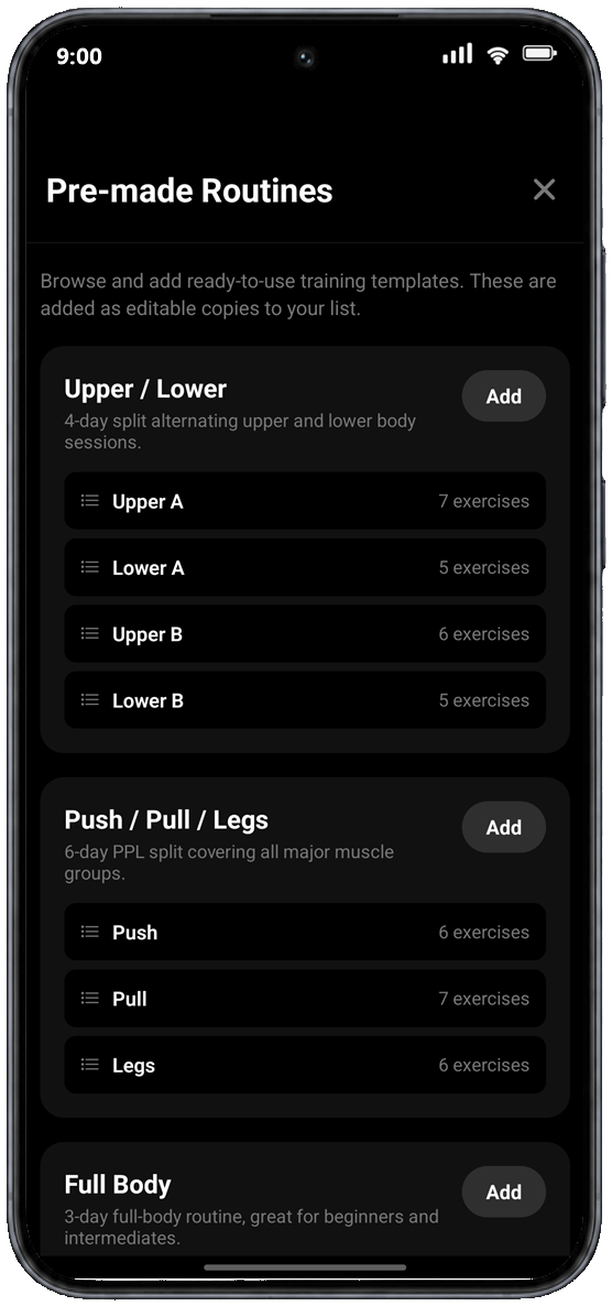Stronger365 ready-made routines screen with proven templates for gym splits