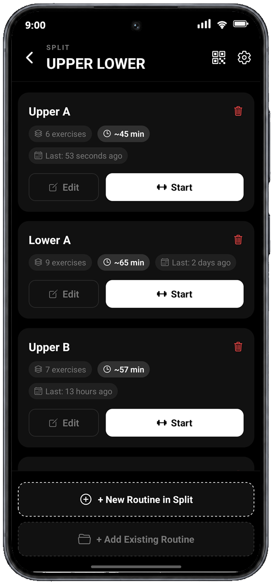 Stronger365 routines screen for organizing workout splits and gym routines