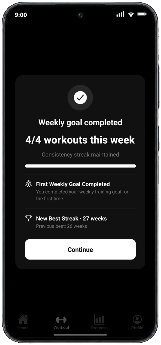 Stronger365 streaks and consistency screen with weekly goal and workout calendar